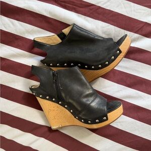 Black Leather Peep-Toe Wedge Sandals with Stud Detail